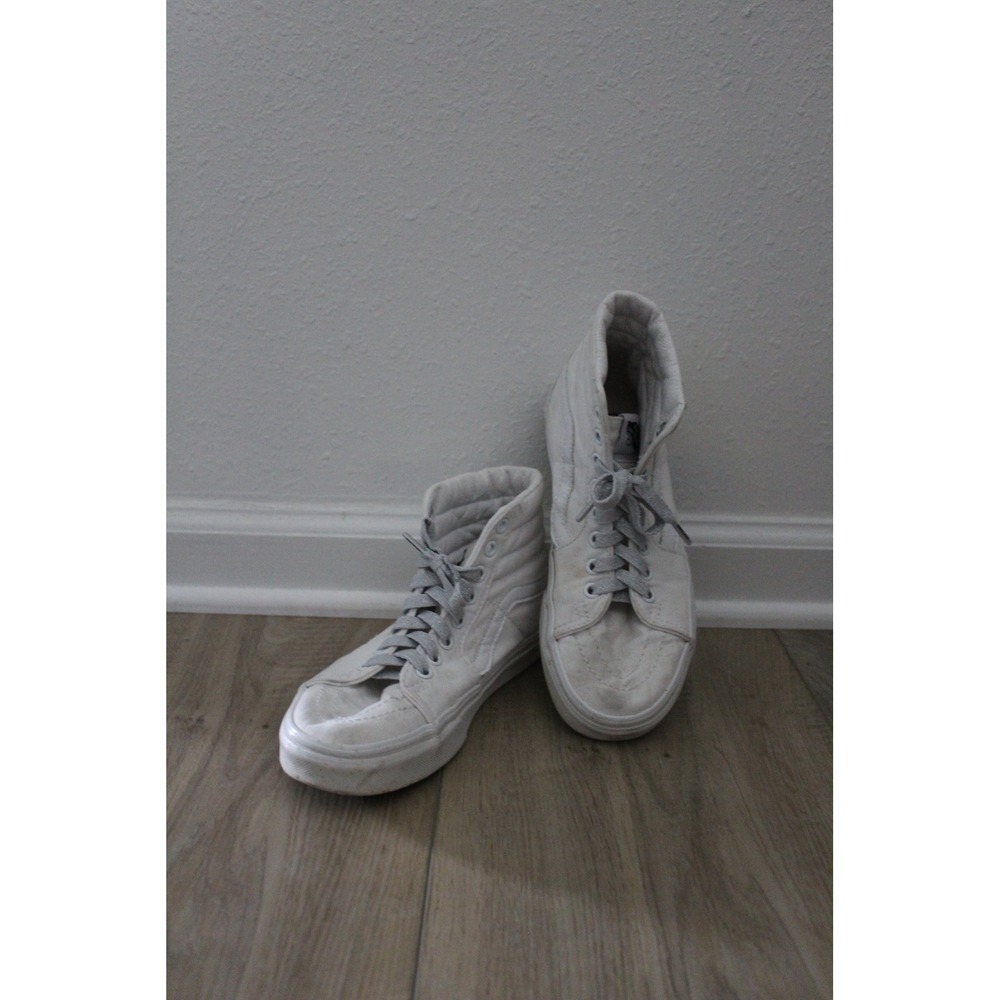 Vans Sk8-Hi High Top Sneakers White Canvas Suede Silver Sparkle Laces Womens 7.5